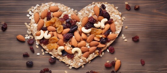 Leinwandbilder - A top view image showcasing a heart shaped granola made with raisins coconut and almonds against a toned background represents the concept of a healthy and nutritious snack. Creative banner