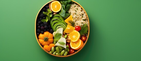 Poster - Top view of a nutritious vegan lunch box emphasizing the clean diet eating concept The image showcases a variety of vitamin rich foods minerals plant protein antioxidants and fiber leaving ample copy