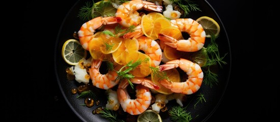 Poster - Top view of a mouthwatering seafood snack consisting of shrimp paired with tangy lemon slices and white pebbles beautifully presented on a black background with copy space for a captivating image tha