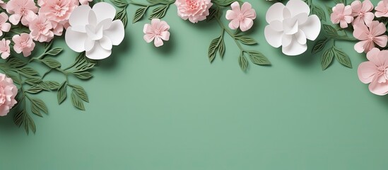 Poster - Top view of a wedding invitation card mockup template with pink flowers on a green background offering plenty of copy space for customization