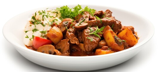 Poster - A top view photo of a plate with meat stew goulash and a white background There is empty space available for text or other images. Creative banner. Copyspace image