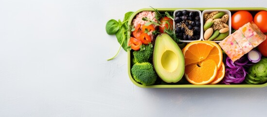 Poster - Top view of a nutritious vegan lunch box emphasizing the clean diet eating concept The image showcases a variety of vitamin rich foods minerals plant protein antioxidants and fiber leaving ample copy