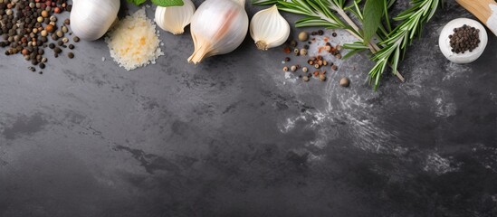 Aufkleber - Top view of garlic rosemary black pepper and salt on a grey concrete background creating a visually appealing copy space image