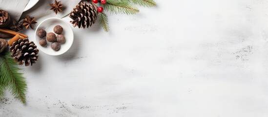 Poster - Top view of a Christmas table setting on a light grey table featuring beautiful pine branches and cones The image includes copy space for Christmas dinner or party design concept