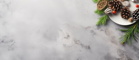 Poster - Top view of a Christmas table setting on a light grey table featuring beautiful pine branches and cones The image includes copy space for Christmas dinner or party design concept