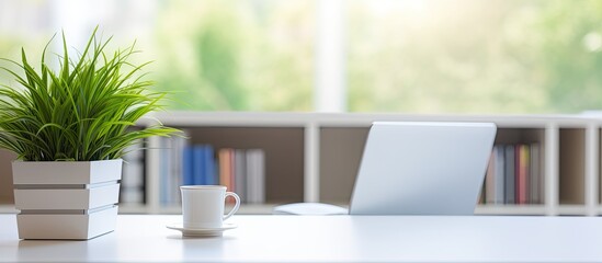 Poster - Top view of a white office desk with a computer office supplies and ample copy space for your text