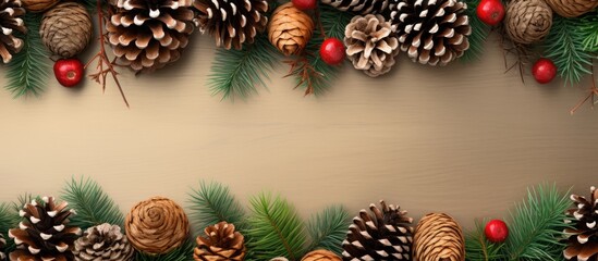 Aufkleber - Top view of a Christmas themed composition with pine cones and colored paper border representing the holiday season The image has a flat lay style and features copy space
