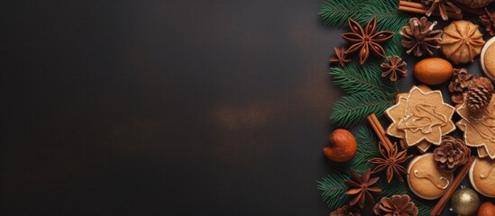 Aufkleber - Top view of a Christmas themed background featuring fir branches pine cones Christmas cookies cinnamon sticks and anise stars with ample copy space for additional content