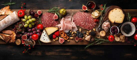 Poster - Top view of a Christmas table with a delicious antipasto platter featuring ham prosciutto salami cheese crackers olives all beautifully arranged on a light background providing a perfect copy space i