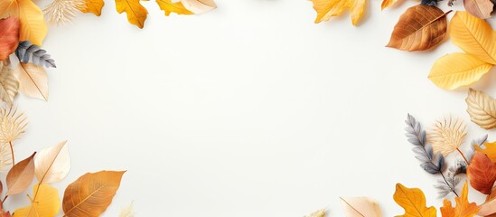 Poster - Top view of a tropical themed composition featuring a frame composed of golden autumn leaves on a white watercolor backdrop The image offers ample copy space