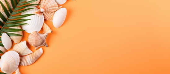 Fototapete - A top view summer vacation concept featuring a flat lay composition of tropical palm leaves white flip flop and seashells on a pastel orange background The image offers copy space