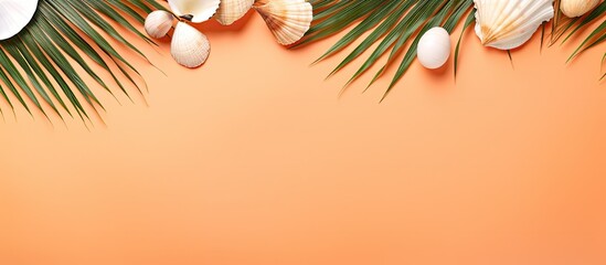 Fototapete - A top view summer vacation concept featuring a flat lay composition of tropical palm leaves white flip flop and seashells on a pastel orange background The image offers copy space