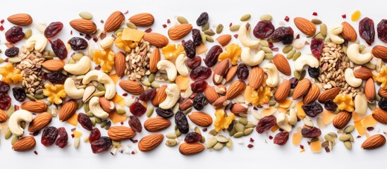 Aufkleber - Top view of a homemade granola with a variety of nuts and seeds spread on a baking sheet Perfect as a healthy breakfast option with a white background and enough space for additional images or text