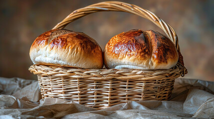 Poster -  Two loaves of bread in a wicker basket on a piece of paper on a table