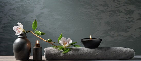 Aufkleber - A tranquil spa concept is showcased in a relaxing image featuring spa accessories on a grey background with a closeup view and copy space available