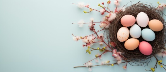 Poster - A trendy minimalist Easter themed flatlay with a top down perspective The image showcases colorful eggs and a nest portraying the essence of the spring season Ample copy space is available for adding