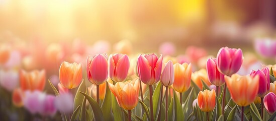 Poster - Colorful tulips with beautiful sunset background in the garden Lovely pastel and soft floral bokeh creates a vibrant copy space image