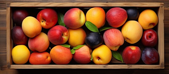 Aufkleber - A variety of fresh fruits including apricot peach nectarine and plum are elegantly arranged in a wooden box The box is placed on a wooden surface creating a visually appealing top view This copy spac