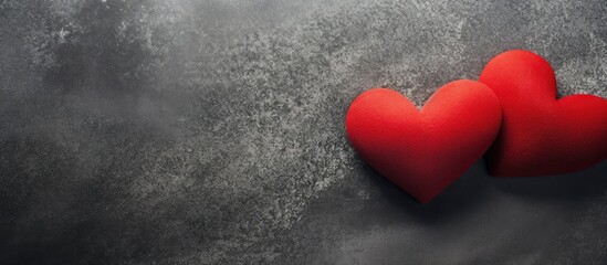Poster - Two red heart shaped objects placed on a textured surface with empty space around suitable for adding any desired image or text. Creative banner. Copyspace image