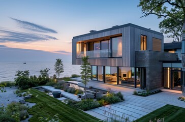 Canvas Print - Luxurious modern house with large windows overlooking the sea, beautifully lit against the dusk sky, symbolizing success and aspiration