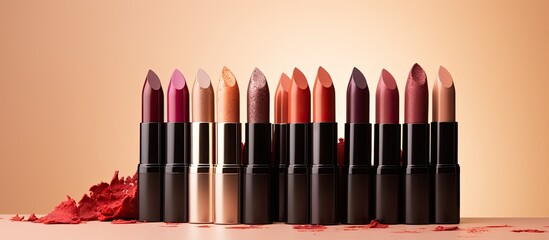 Poster - A variety of lipsticks displayed on a beige backdrop creating an interesting copy space image