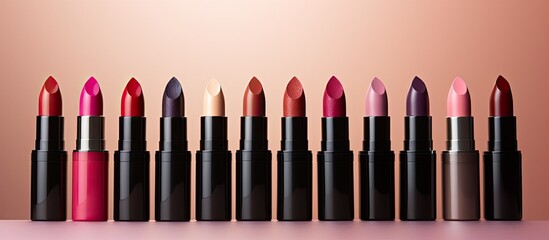 Poster - A variety of lipsticks displayed on a beige backdrop creating an interesting copy space image
