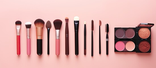 Poster - A variety of makeup products arranged on a pink background in a flat lay and top view photograph creating a copy space image