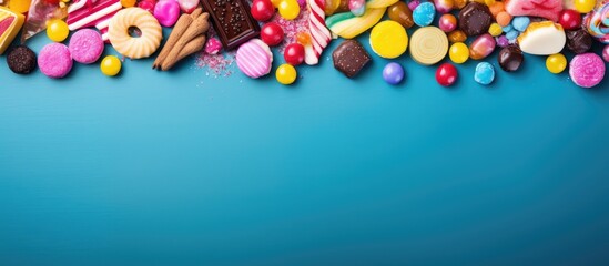 Poster - A vibrant assortment of candy arranged on a colorful background seen from above in a flat lay style The image features a border made up of various types of chocolate coated candy Perfect for copy spa