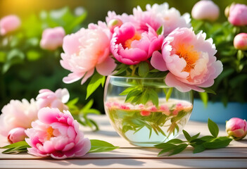 Wall Mural - A bouquet of pink peonies in a glass cup on a table in a garden setting