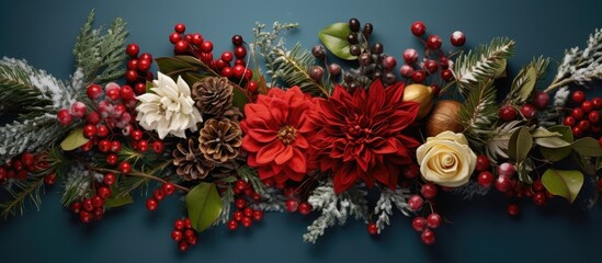 Poster - A festive Christmas arrangement on a vibrant background capturing the essence of the holiday season A top down view with ample space for additional elements