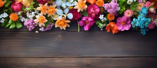 Poster - A vibrant bouquet of flowers placed on a background of green wooden planks providing ample space for a copy space image