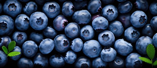 Poster - A vibrant background of fresh juicy blueberries arranged in a flat lay view with plenty of copy space This image showcases the healthy and organic nature of these antioxidant rich berries which are p
