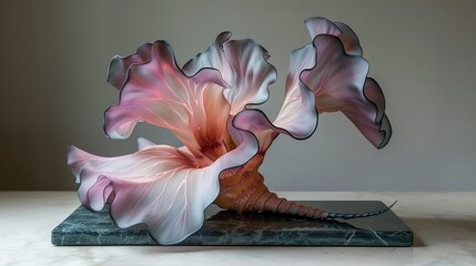   A pink and white flower resting on a green marble countertop, next to a gray wall