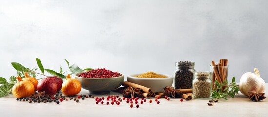 Poster - A vibrant photo of spices with peppercorns placed on a table against a light grey background Ample copy space is available