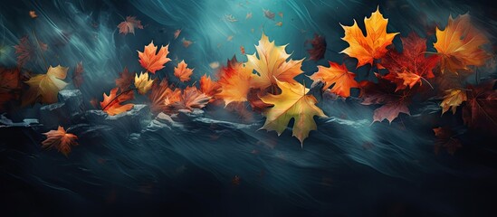 Poster - A vibrant scene of autumn leaves against a dark backdrop creating a striking contrast and providing ample copy space for the image