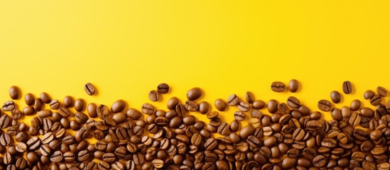 Poster - A vibrant yellow backdrop with coffee beans providing enough space for text and a panoramic frame. Creative banner. Copyspace image