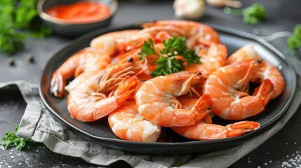 Canvas Print - Cooked and peeled shrimp arranged on a plate