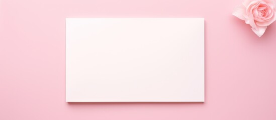 Fototapete - Top view of a trendy and minimal creative concept with a paper blank on a pastel pink background The colorful background enhances the aesthetic while the copy space provides room for additional eleme