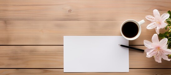 Wall Mural - Top view of an office table desk adorned with various supplies such as a white blank note pad a cup a pen a pc a crumpled paper and a flower all placed on a wooden background with ample copy space im