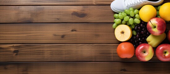 Poster - A top view of fitness and healthy food concept with sneakers towel and a drink bottle placed on a wooden table providing copy space for your text