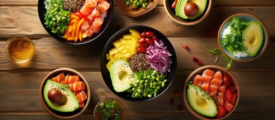 Poster - Top view copy space image of a traditional Hawaiian meal consisting of poke bowls filled with shrimp salmon avocado and mango