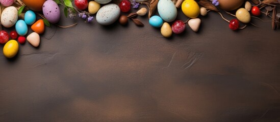 Poster - The top view of a stone table presents an Easter greeting card backdrop adorned with chocolate eggs and colorful candies leaving enough copy space for personal greetings