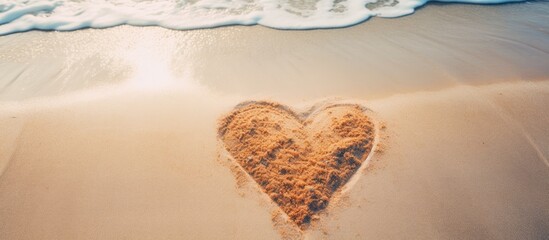 Poster - Top view of a heart shape drawn in the sand against a scenic beach background creating a beautiful copy space image