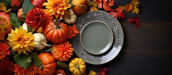 Poster - Above view of a floral composition for Thanksgiving Day featuring colorful pumpkins fallen leaves and an orange plate in the center providing copy space for text Square image