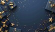 © qorqudlu - Elegant blue gift boxes adorned with delicate gold decorations on a dark blue background, conveying luxury