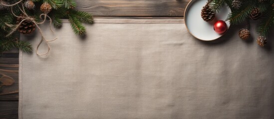 Fototapete - a vintage linen table with visible texture viewed from above creates a charming christmas scene the 