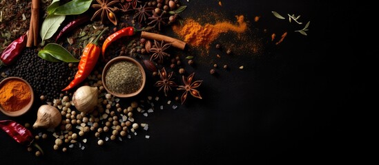 Aufkleber - A visually appealing black food background featuring an assortment of aromatic spices providing an ideal copy space image