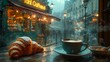 A cup of coffee sits on a table next to a croissant