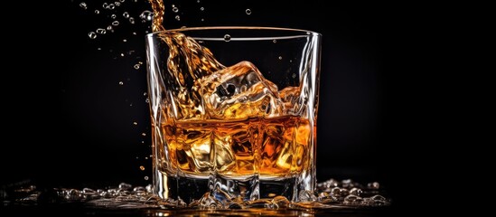 Poster - A visually striking image of a glass of whiskey with a splash set against a black background providing ample copy space