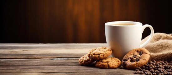 Poster - A warm beverage rests on a wooden kitchen table accompanied by roasted coffee beans and oatmeal cookies There is ample copy space for your text